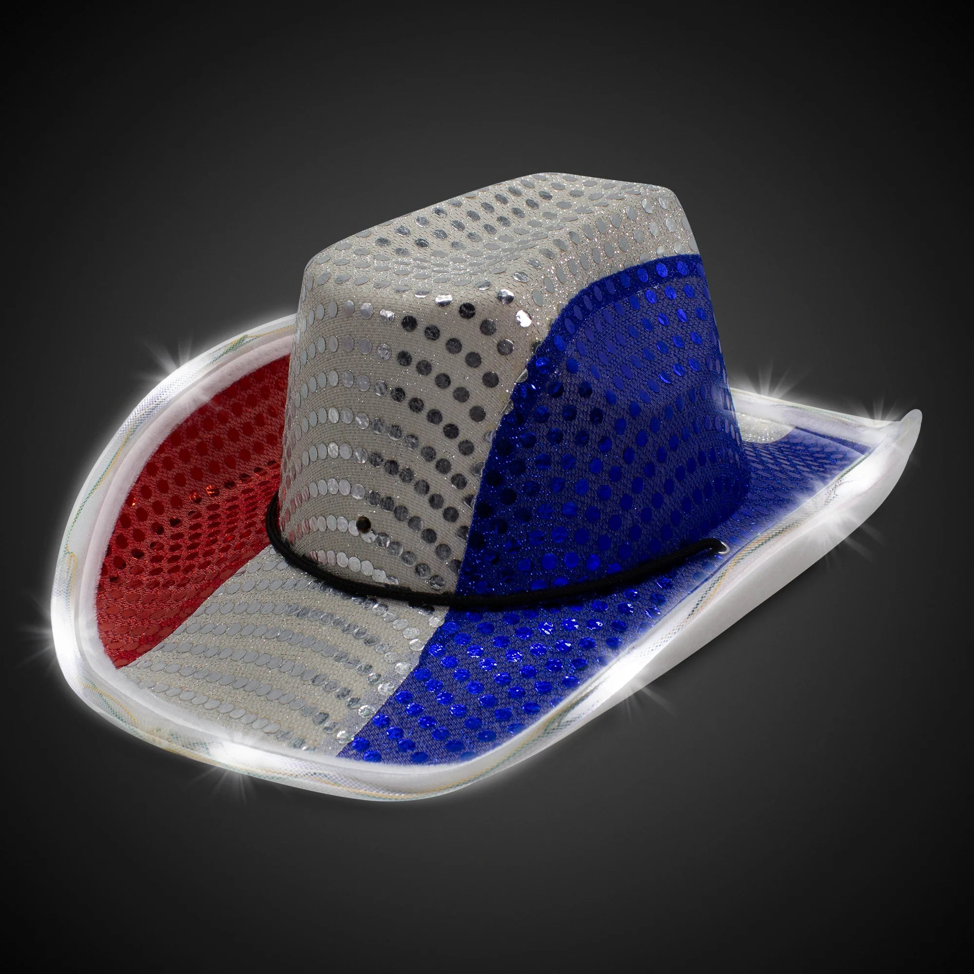 LED Patriotic Sequin Cowboy Hat – Red White Blue Light Up 4th of July Party Hat