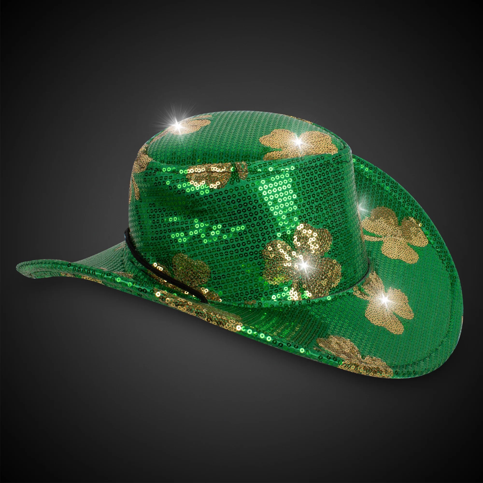 LED Green Sequin Shamrock Cowboy Hat – Light Up St. Patrick Party Western Hat