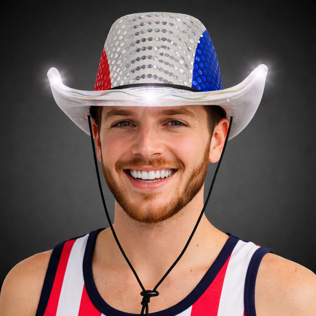 LED Patriotic Sequin Cowboy Hat – Red White Blue Light Up 4th of July Party Hat
