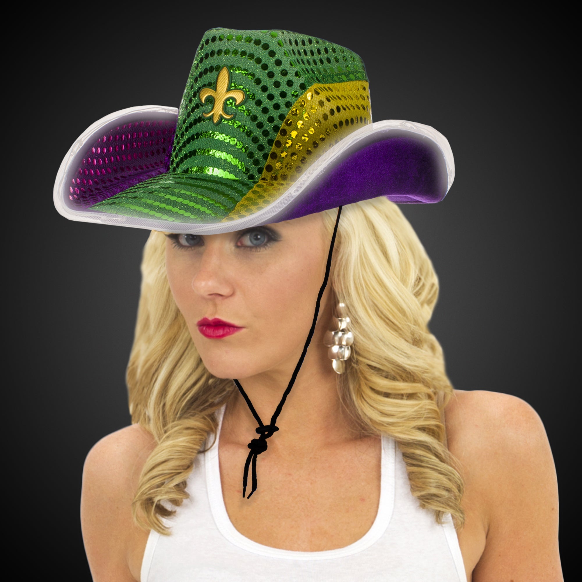 Sequin Mardi Gras LED Cowboy Hat – Light Up Purple Green Gold Party Hat